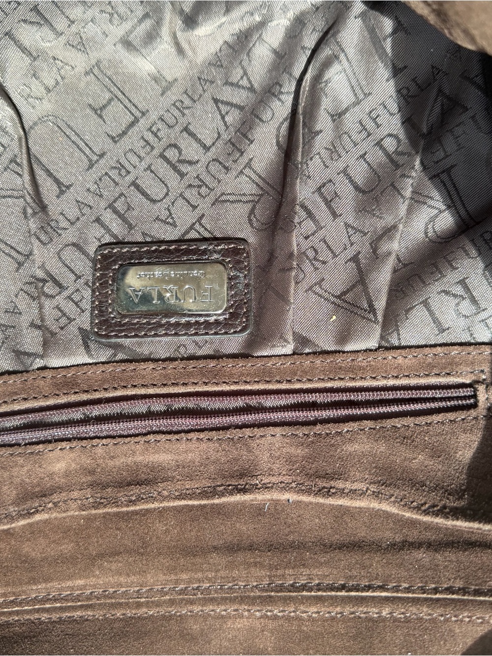 Furla Brown Suede and Dark Brown Leather Shoulder Bag - Picture 3 of 5